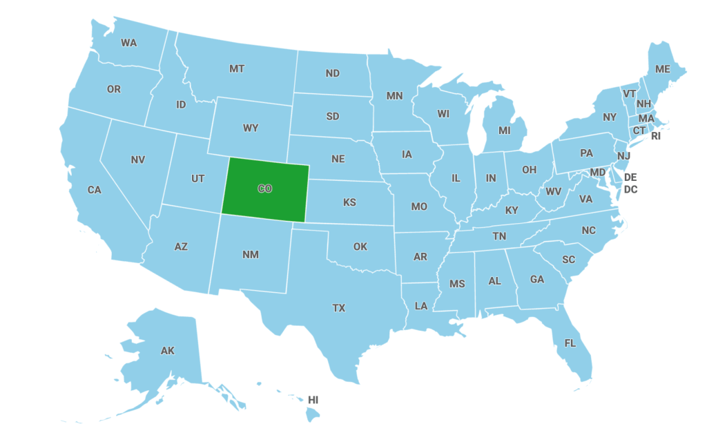 Map of the United States. Shows CO highlighted.